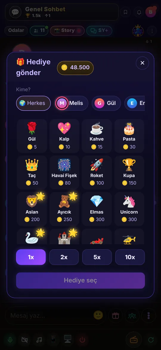 Sohbet panelinde hediye gönderme ekranı (mobil)