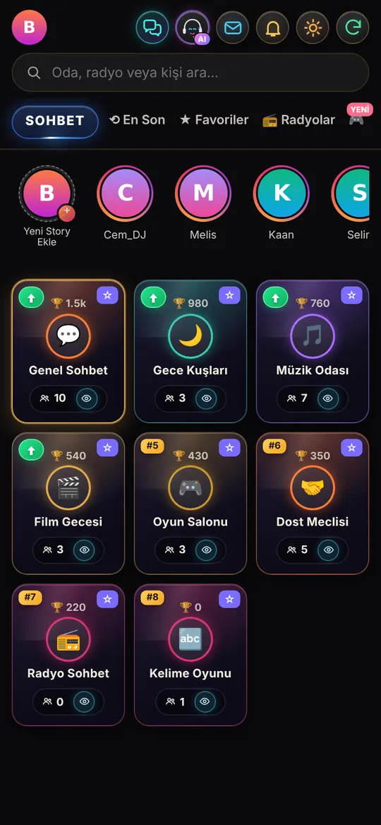 SesliYayin lobi mobil ekranı