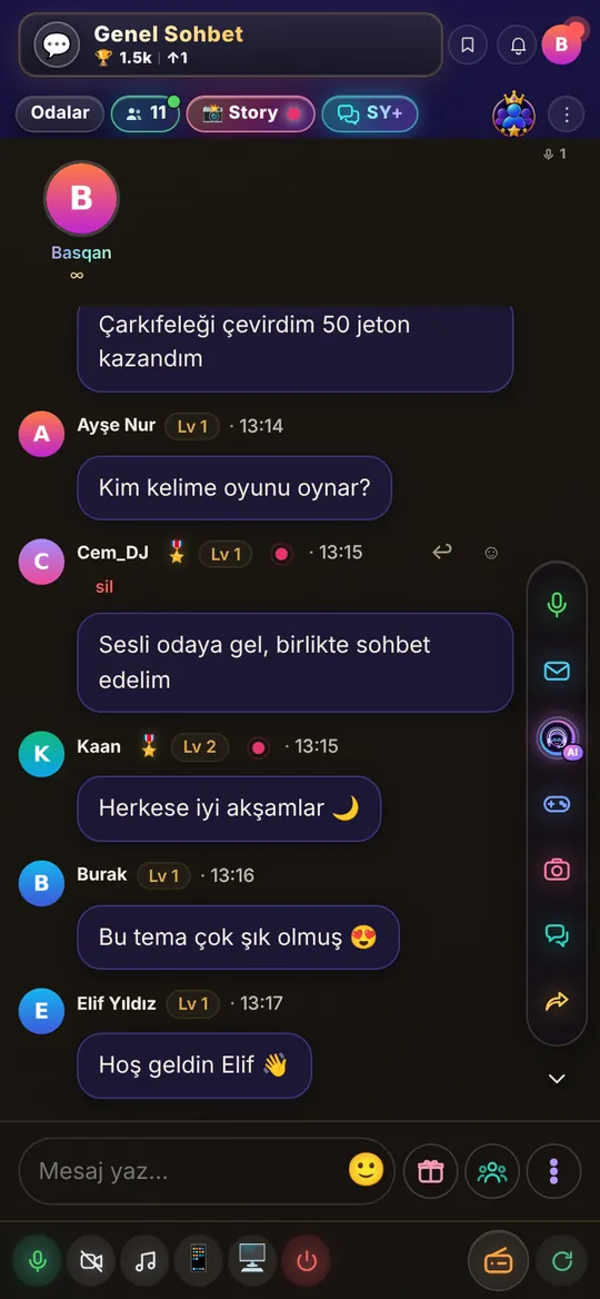 Sesli chat paneli sohbet odası ekranı (mobil)